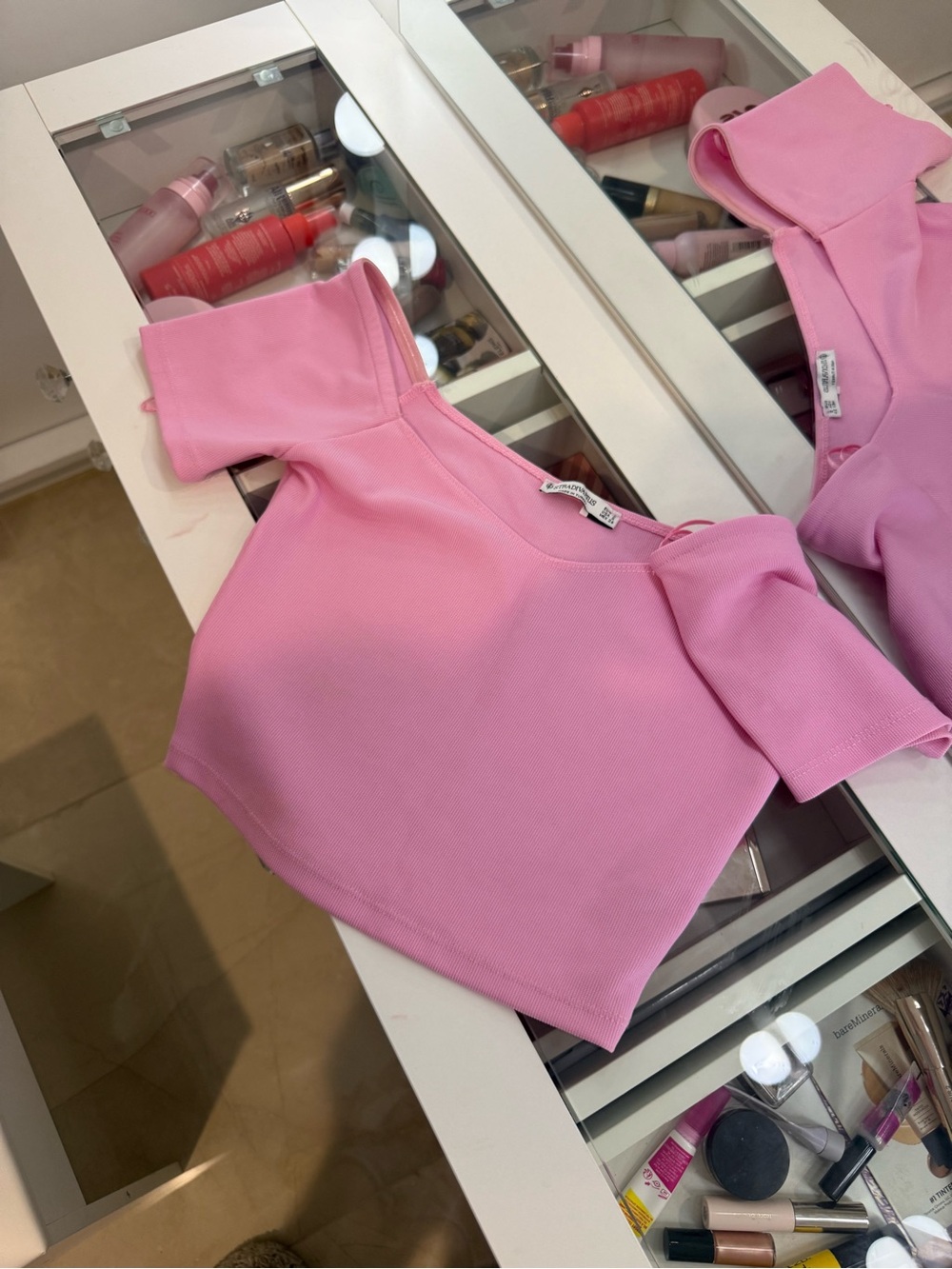 stradivarius Pink Off-Shoulder Ribbed Crop Top